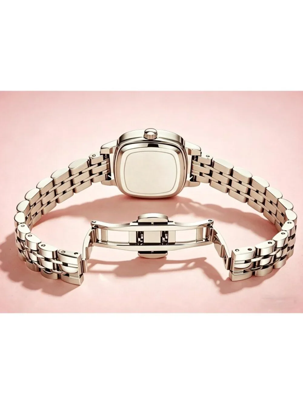 Women's Silver Pink Steel Strap Casual Fashion Simple Square Quartz Wrist Watch